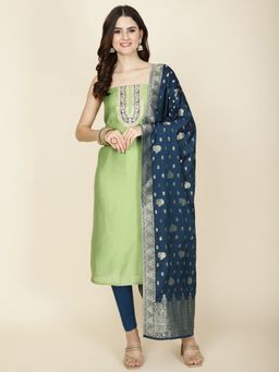MEENA BAZAAR - Neck Embroidered Chanderi Unstitched Salwar Suit Dress Material Piece With Dupatta