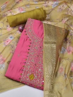 MEENA BAZAAR - Neck Embroidery Chanderi Unstitched Salwar Suit Dress Material With Dupatta