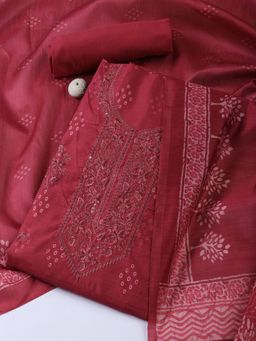 MEENA BAZAAR - Neck Embroidery Chanderi Unstitched Salwar Suit Dress Material With Dupatta