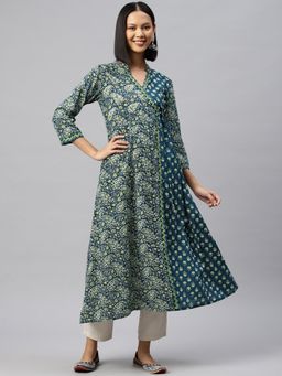 Vbuyz - Womens Print And Hand Work A-Line Cotton Aqua Stitched Kurta