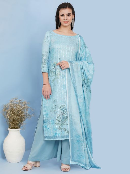 white christmas dresses Sky Blue Festive Wear Embroidered Cotton Dress Material main image 1