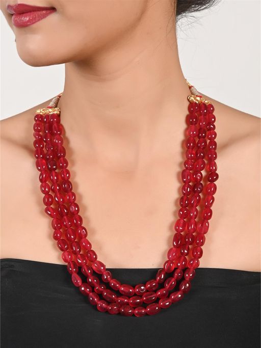 Ratnavali Jewels Three Layer Real Red Onyx Stone Beads Necklace