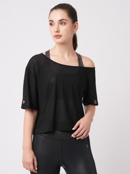BODD ACTIVE - Black Mesh One Shoulder T-Shirt