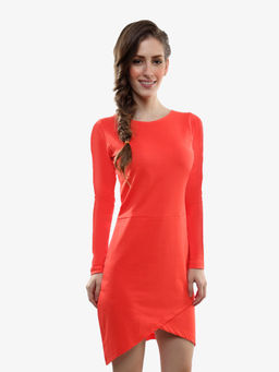 Miss Chase - Women's Orange Round Neck Full Sleeves Solid Overlap Mini Shift Dress