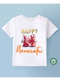 BLUSHES - Cotton Half Sleeves Happy Navratri Text Printed T-shirt - White