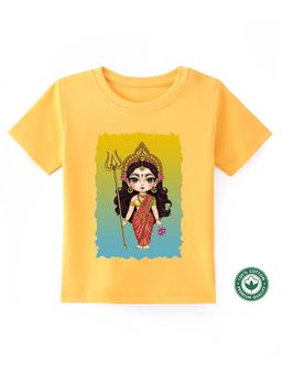 BLUSHES - Cotton Half Sleeves Durga Maa Printed T-shirt - Yellow