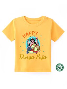 BLUSHES - Cotton Half Sleeves Happy Durga Puja Text Printed T-shirt - Yellow