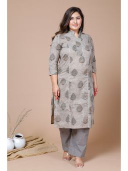 Miravan - Women Plus Size Beige Printed Gota Patti Pure Cotton Kurta With Palazzo (Set of 2)