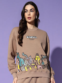 Griffel - Emoji Cats Round Neck Oversized Camel Sweatshirt