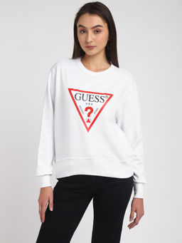 Guess - Women White Printed Round Neck Full Sleeves Sweatshirt