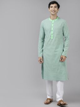 See Designs - Men Green & White Printed Pure Cotton Straight Kurta