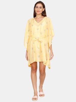 Zivame - Coucou Knee Length Slip on Printed Poncho with waist tie up - Blazing Yellow