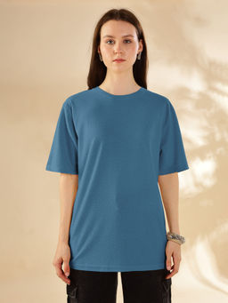 HELLCAT - Blue Textured Half Sleeve Oversized Hexagon Waffle Crew Neck T-Shirt for Women