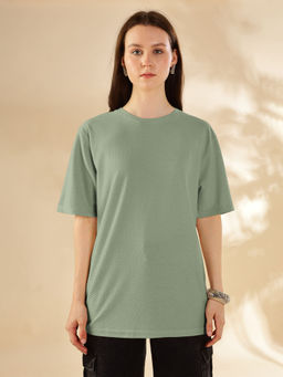 HELLCAT - Olive Textured Half Sleeve Oversized Hexagon Waffle Crew Neck T-Shirt for Women