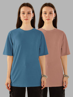 HELLCAT - Multi-Color Textured Oversized Crew Neck T-shirt For Women - (Pack of 2)