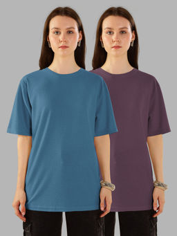 HELLCAT - Multi-Color Textured Oversized Crew Neck T-shirt For Women - (Pack of 2)
