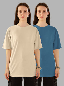 HELLCAT - Multi-Color Textured Oversized Crew Neck T-shirt For Women - (Pack of 2)