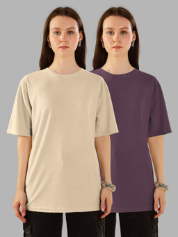 HELLCAT - Multi-Color Textured Oversized Crew Neck T-shirt For Women - (Pack of 2)