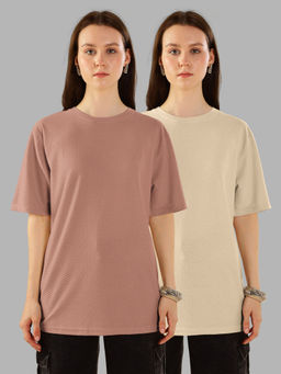 HELLCAT - Multi-Color Textured Oversized Crew Neck T-shirt For Women - (Pack of 2)