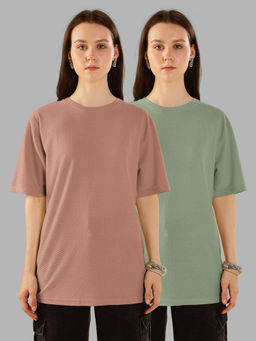 HELLCAT - Multi-Color Textured Oversized Crew Neck T-shirt For Women - (Pack of 2)