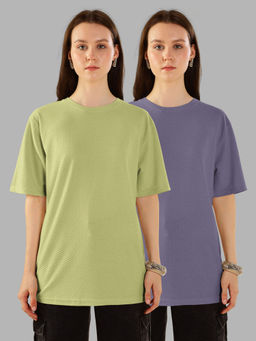 HELLCAT - Multi-Color Textured Oversized Crew Neck T-shirt For Women - (Pack of 2)