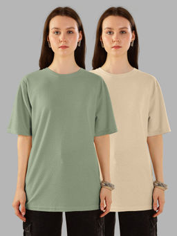 HELLCAT - Multi-Color Textured Oversized Crew Neck T-shirt For Women - (Pack of 2)