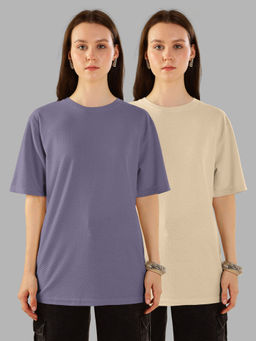 HELLCAT - Multi-Color Textured Oversized Crew Neck T-shirt For Women - (Pack of 2)