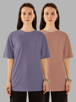 HELLCAT - Multi-Color Textured Oversized Crew Neck T-shirt For Women - (Pack of 2)