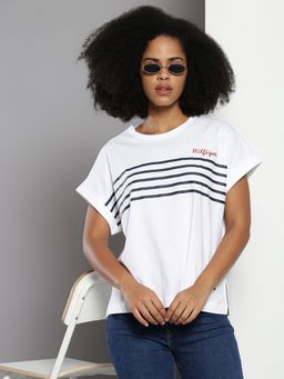 Tommy Hilfiger - White Striped Embroidered Logo Relaxed Fit Cotton T-Shirt