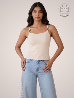 BUTTERSCOSH - Off White Women Bianca Off-White Textured Cotton Buckle Top with Inbuilt Bra