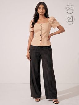 BUTTERSCOSH - Beige Women Leonie Beige Gathered Sleeves Button Top with Inbuilt Bra