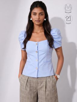 BUTTERSCOSH - Blue Women Leonie Ice Blue Gathered Sleeves Button Top with Inbuilt Bra