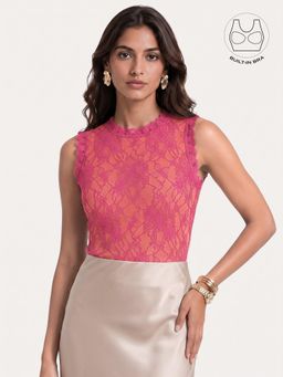 BUTTERSCOSH - Pink Women Solene Hot Pink Backless Contrast Lace Top with Inbuilt Bra