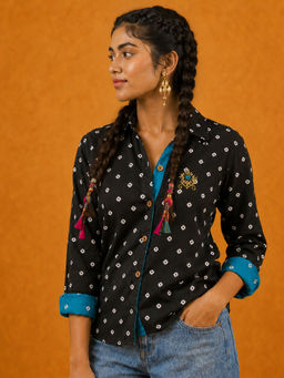 Spring Soul - Black Bandhani Hand-Embroidered Shirt