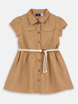 Chicco - Brown Blended Collar Neck Solid Dress With Belt