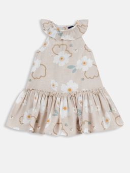 Chicco - Beige Cotton Round Neck Floral Dress