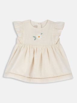 Chicco - Beige Cotton Round Neck Embroidered Dress