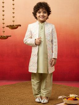 Vastramay - Multi-Color Silk Blend Embroidered Sherwani With Kurta & Pyjama