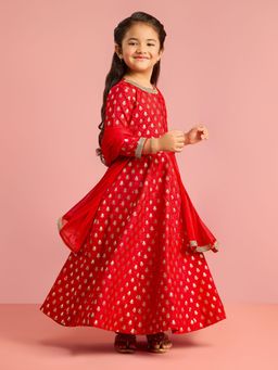 Vastramay - Red Viscose Round Neck Woven Anarkali Kurta With Pant & Dupatta
