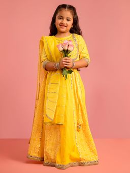 Vastramay - Yellow Cotton Round Neck Printed Lehenga With Choli & Dupatta
