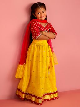 Vastramay - Pink Net V-Neck Printed Lehenga With Choli & Dupatta