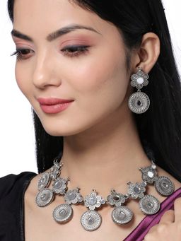 VIRAASI - Antique Oxidised Silver Mirror Work Ethnic Necklace with Earrings (Set of 2)