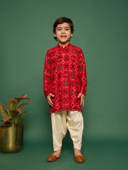 Vastramay - Boys Red Rayon Patola Printed Kurta with Patiala (Set of 2)