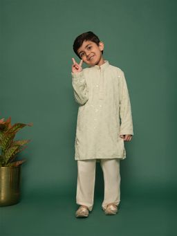Vastramay - Boys Green Rayon Schiffli Floral Embroidered Kurta with Pyjama (Set of 2)