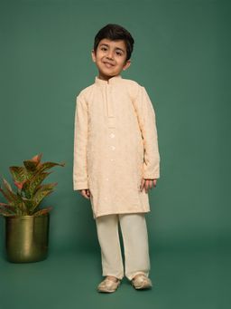 Vastramay - Boys Peach Rayon Schiffli Floral Embroidered Kurta with Pyjama (Set of 2)
