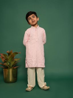 Vastramay - Boys Pink Rayon Schiffli Floral Embroidered Kurta with Pyjama (Set of 2)