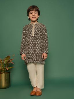 Vastramay - Boys Black Rayon Schiffli Floral Embroidered Kurta with Pyjama (Set of 2)