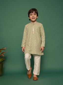 Vastramay - Boys Green Rayon Schiffli Floral Embroidered Kurta with Pyjama (Set of 2)