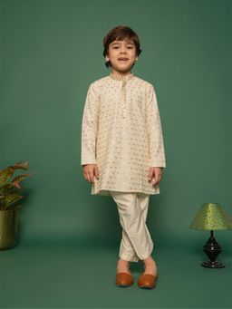 Vastramay - Boys Off White Rayon Schiffli Floral Embroidered Kurta with Pyjama (Set of 2)