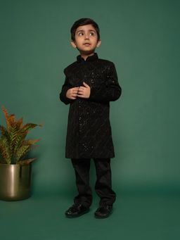 Vastramay - Boys Velvet Sequined Embroidered Indo Western Kurta with Pant (Set of 2)